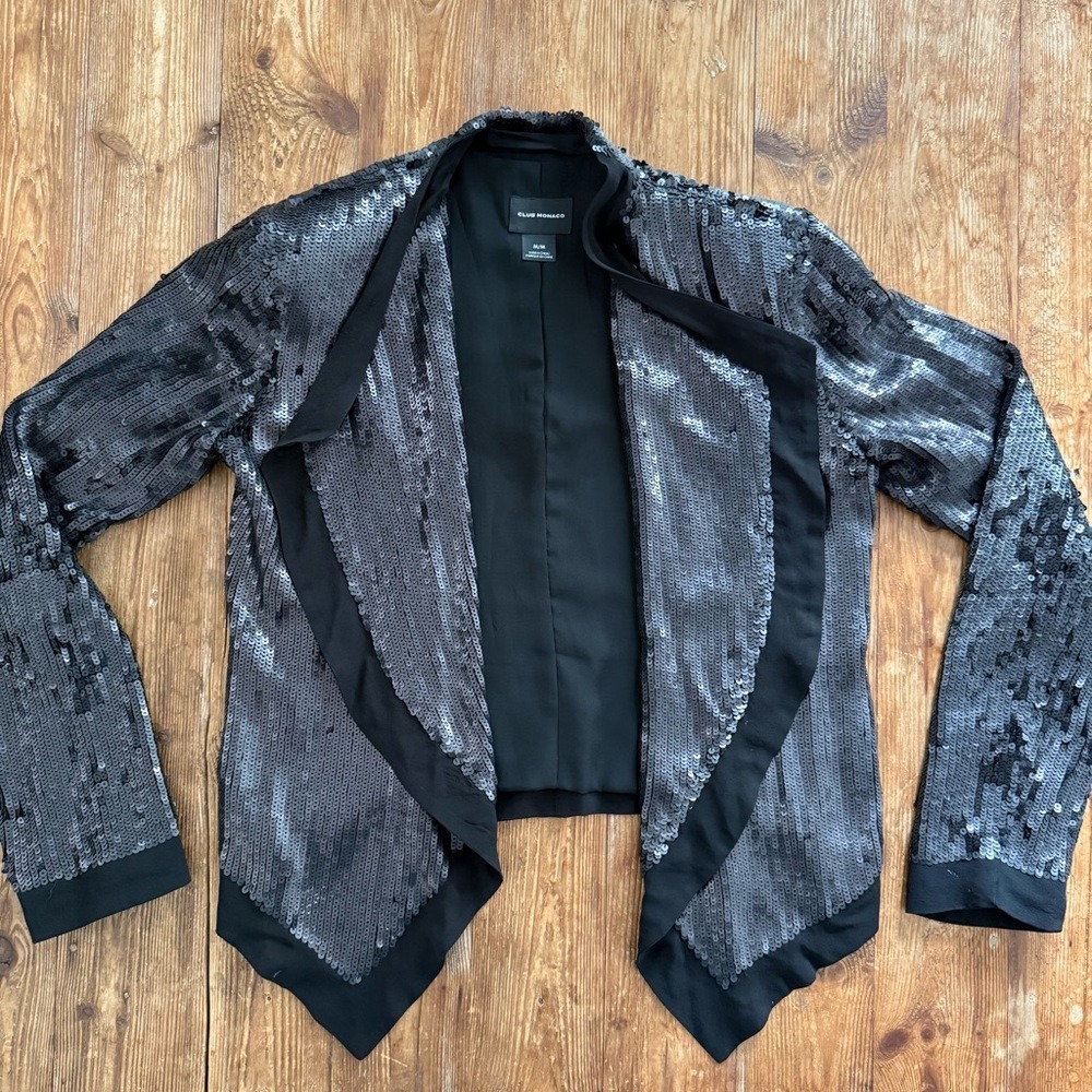 Club Monaco Cora Black Sequin Open Front Silk Blazer Jacket Women's Medium EUC - Picture 6 of 13
